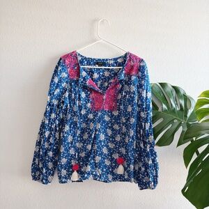 J.Crew Blue and White Floral Blouse with Pink Embroiders and Tassels